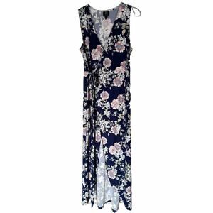 Floral Maxi Dress Wrap Women's Size L Blue Tie Waist Sleeveless
